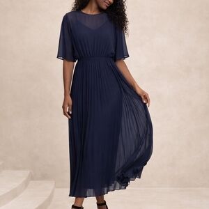Banana Republic Navy Pleated Chiffon Maxi Dress Medium